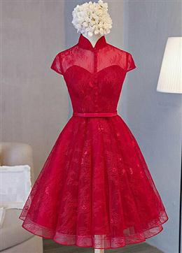 Picture of Cute Lace Short Cap Sleeves Homecoming Dresses, Red Color Short Party Dress